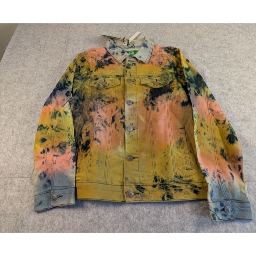 Demolition Orange Multicolor Tie Dye Stretch Denim Jean Jacket Mens Small NWT